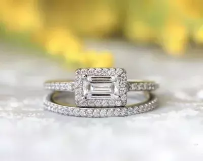 1.28 cttw Emerald Halo Bridal Set Ring Emerald Cut Diamond Simulants Engagement Ring w/ Pave All or Half Eternity Band Ring 