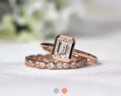 1.56 cttw Art Deco Emerald Bezel Solitaire Ring Set Oval Cut Engagement Ring w/ Full Maquise & Dot Art Deco Eternity Stack Ring 