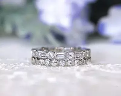 1.86 cttw Milgrain Mix Shaped Stackable Eternity Band Set Brilliant & Baguette Cut Diamond Simulant Stacking Ring 