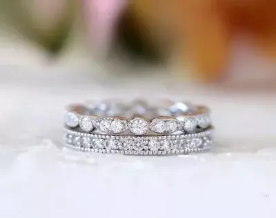 Milgrain Art Deco Eternity Set  Pave Set Diamond Simulant Full Eternity Ring Stackable Ring Dainty Stackable Ring 