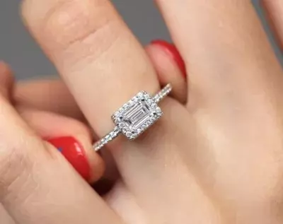 0.73 cttw Halo Engagement Ring Emerald Cut Diamond Simulants Bridal Ring Wedding Ring Promise Ring Anniversary Ring 