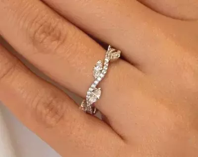 0.54 cttw Wavy 1.3mm Wide Wedding Band Ring Marquise Cut Diamond Simulants Leaf Vine Bridal Ring Eternity Ring 