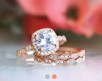 2.64 cttw Art Deco Bridal Set Ring Halo Engagement Ring w/ Two Eternity Band Ring Vintage Style Dainty Ring Set 