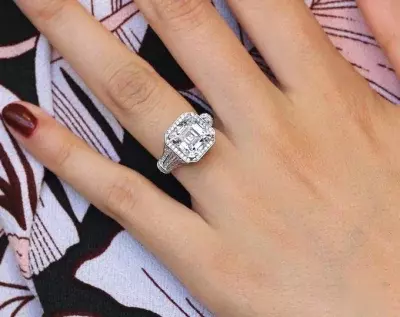 5.25 cttw Halo Engagement Ring Asscher Cut Diamond Simulant Art Deco Vintage Ring Bridal Ring Anniversary Ring 