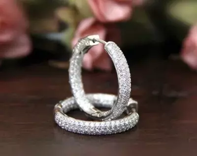 Easy Lock Art Deco Hoop Earrings Micro Pave Brilliant Diamonds Outside w/ Inside Dazzling Earrings Secure Lock 