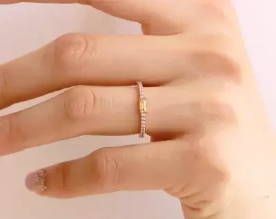 0.44 cttw Champagne Horizon Ring Baguette Cut Diamond Simulant Stackable Ring Dainty Contemporary Lines 