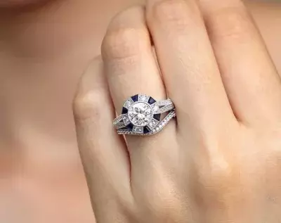 2.26 cttw Art Deco Halo Bridal Set Ring Blue Sapphire Engagement Ring w/ Curve Wedding Ring-Anniversary Ring 