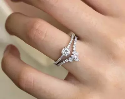 0.78 cttw Minimal Round Engagement Ring w/ Tiara Curved Wedding Ring Brilliant & Marquise Cut Diamond Simulant Bridal Set 