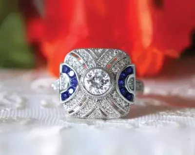 0.8 ct. Center Art Deco Engagement Ring Brilliant Cut Diamond Simulant Blue Sapphire Set Ring Anniversary Ring 