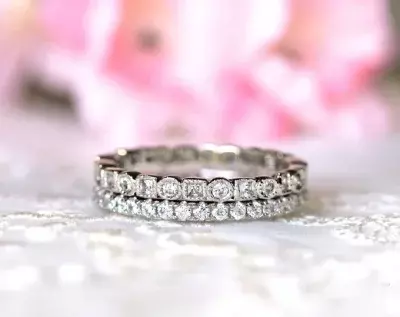 1.32 cttw Circle & Square Eternity Ring Set Milgrain Band Ring w/ 4x4 Pave Band Stackable Ring Brilliant Cut Diamond Simulant 