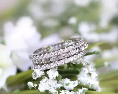 2.16 cttw Mix Matched Eternity Three Set Ring Brilliant & Baguette Cut Diamond Simulant Stacking Ring X Knot Linked Band Ring 