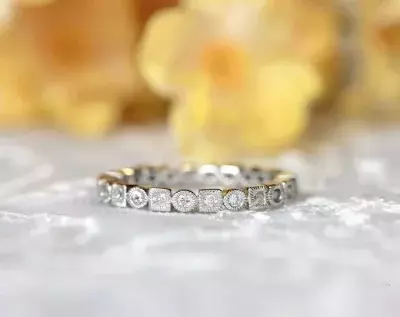 0.60 cttw Circle & Square Milgrain Eternity Ring Brilliant and Princess Cut Diamond Simulant Infinity Band Ring Stackable Ring 