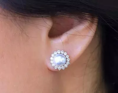 White Simulated Pearl Stud Halo Earrings Brilliant Cut Diamond Simulants Bridal Earrings Anniversary Gift Dainty Earrings 