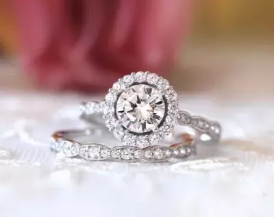 2.08 cttw Art Deco Halo Bridal Set Ring Brilliant Cut Diamond Simulant Wedding Ring Dainty Bridal Ring Promise Ring 