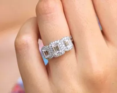 1.03 cttw Halo Engagement Ring Emerald Cut Diamond Simulants Bridal Ring Wedding Ring Anniversary Ring Promise Ring 