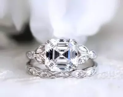 5.08 ctt Art Deco Bridal Set Ring Asscher & Marquise Cut Leaf Shaped Half Band Wedding Set Ring Dainty Bridal Set 