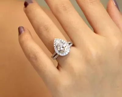 4.30 cttw Pear Halo Bridal Set 3.0 Carat Pear Cut Engagement Ring w/ All or Half Pave Band RIng Dainty Bridal Ring 