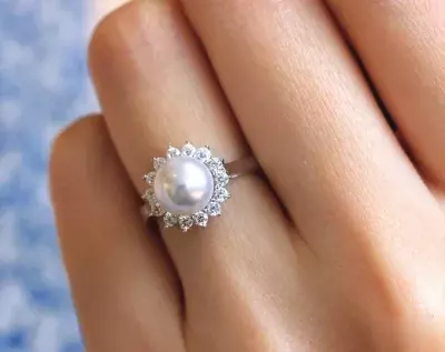 Pearl Ring Pave Set Diamond Stimulant Halo Engagement Ring Bridal Ring Promise Ring Anniversary Ring Everyday Ring 