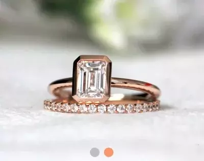 1.57 cttw Emerald Bezel Solitaire Ring Set Emerald Cut Diamond Simulant Engagement Ring w/ All or Half Pave Eternity Ring 
