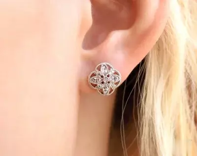 Milgrain Filigree Art Deco Stud Earrings Marquise Cut Diamond Simulant Filigree Bridal Necklace Clover Design Earrings 