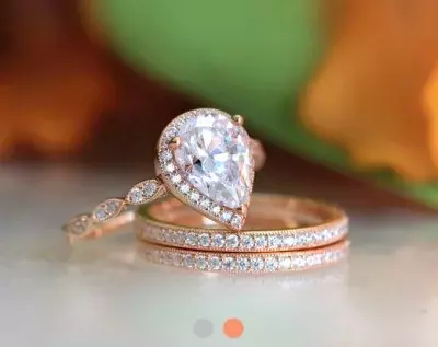 3.16 cttw Milgrain Art Deco Bridal Set Ring Pear Cut Halo Engagement Ring w/ Two Eternity Band Ring Dainty Ring Set 