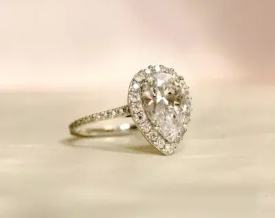 3.73 cttw Pear Halo Engagement Ring 3.0 Carat Pear Cut & Brilliant Pave Set Diamond Simulant Dainty Sparkle Bridal Ring 