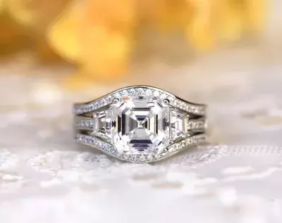 4.42 cttw Bridal Set Ring Asscher Cut Main Engagement Ring w/ Two Curve Half Eternity Ring Anniversary Ring Dainty Bridal 