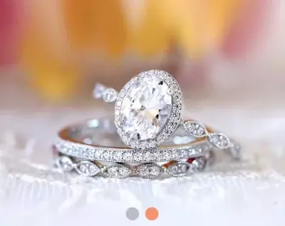 Dainty Milgrain Art Deco Bridal Set Ring Oval Cut Halo Engagement Ring w/ Two Mixed Eternity Band Ring Dainty Bridal Set 