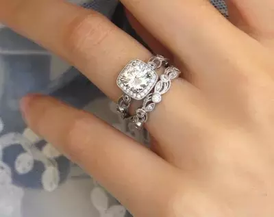 2.05 cttw Leaf & Vine Art Deco Halo Bridal Set Ring Brilliant Cut Diamond Simulant Wedding Set Ring 