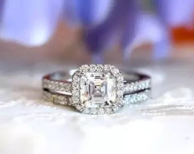 2.94 cttw Halo Bridal Set Rings Asscher Cut Diamond Simulants Engagement Set Rings Wedding Band Ring Dainty Ring 