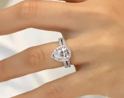 3.05 cttw Dainty Bridal Set Pear Cut Halo Engagement Ring w/ Wedding Band Ring Wedding Ring 