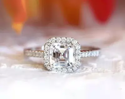 2.46 cttw Halo Engagement Ring Asscher Cut Center Diamond Simulant Bridal Ring Wedding Ring Promise Ring 