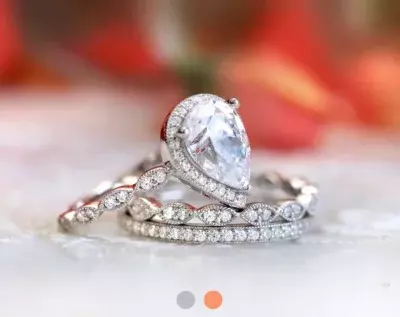 Pear Halo Milgrain Art Deco Ring Pear Cut Halo Engagement Ring w/ Mixed Eternity Band Ring Dainty Art Deco Layering Ring 