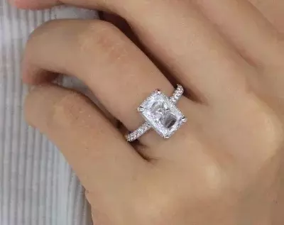 3.69 cttw Radiant w/ Halo Side Pave Stones Engagement Ring Radiant Cut (10x7mm) Diamond w/ Half Way Around Pave Set Promise Ring 