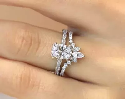 2.09 cttw Art Deco Bridal Set Ring Oval Cut Engagement Ring w/ Tiara Wedding Band Ring Dainty Bridal Set Curve Ring 