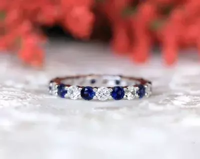 3.0mm Wide Blue Sapphire & Clear Brilliant Cut Diamond Simulant Eternity Ring Stackable Ring Bridal Ring Anniversary Ring 