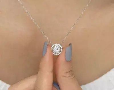 1.20 cttw Two Tone Classic Halo Pendant Necklace Brilliant Cut Diamond Simulant Bridal & Bridesmaid Necklace 