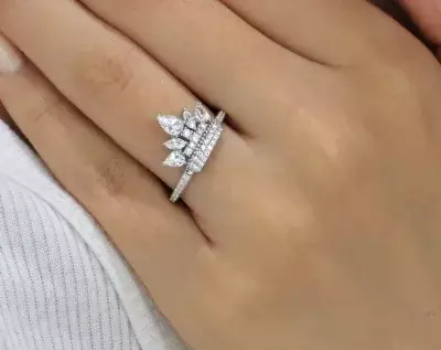 0.85 cttw  Princess Queen Crown Ring Dainty Tiara Wedding Ring Pear Cut & Marquise Cut Diamond Simulant Stacking Ring 