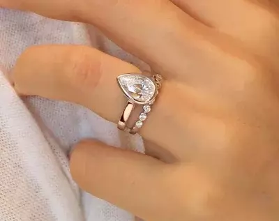 3.65 cttw Pear Shaped Bridal Set Bezel Ring Solitaire Engagement Ring w/ Bezel Eternity Ring Pear Brilliant Cut Diamond Simulant 