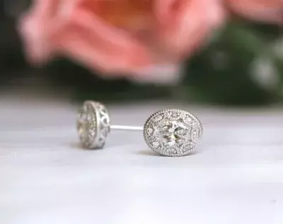 Art Deco Stud Earrings Oval Cut Diamond Simulant Vintage Style Earrings Bridal Earrings Bridesmaids Earrings 