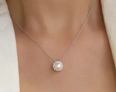 White Simulated Pearl Halo Pendant Necklace 0.38 cttw Brilliant Cut Pave Diamond Simulants Bridal Necklace Dainty Necklace 