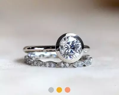 1.42 cttw Round Bezel Solitaire Ring Set Brilliant Cut Diamond Simulant Engagement Ring w/ All or Half Art Deco Eternity Ring 