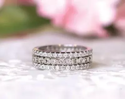 2.04 cttw Circle & Square Eternity Ring Set Milgrain Band Ring w/ 4x4 Pave Band Stackable Ring Brilliant Cut Diamond Simulant 