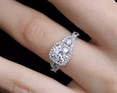 1.73 cttw Art Deco Ring Round Halo Engagement Ring Infinity Crossover Brilliant Cut Diamond Simulant Bridal Ring 