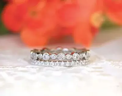 1.72 cttw Bubble Bezel & Brilliant Pave Eternity Stackable Ring Set Brilliant Cut Diamond Simulant Stacking Wedding Band Set 